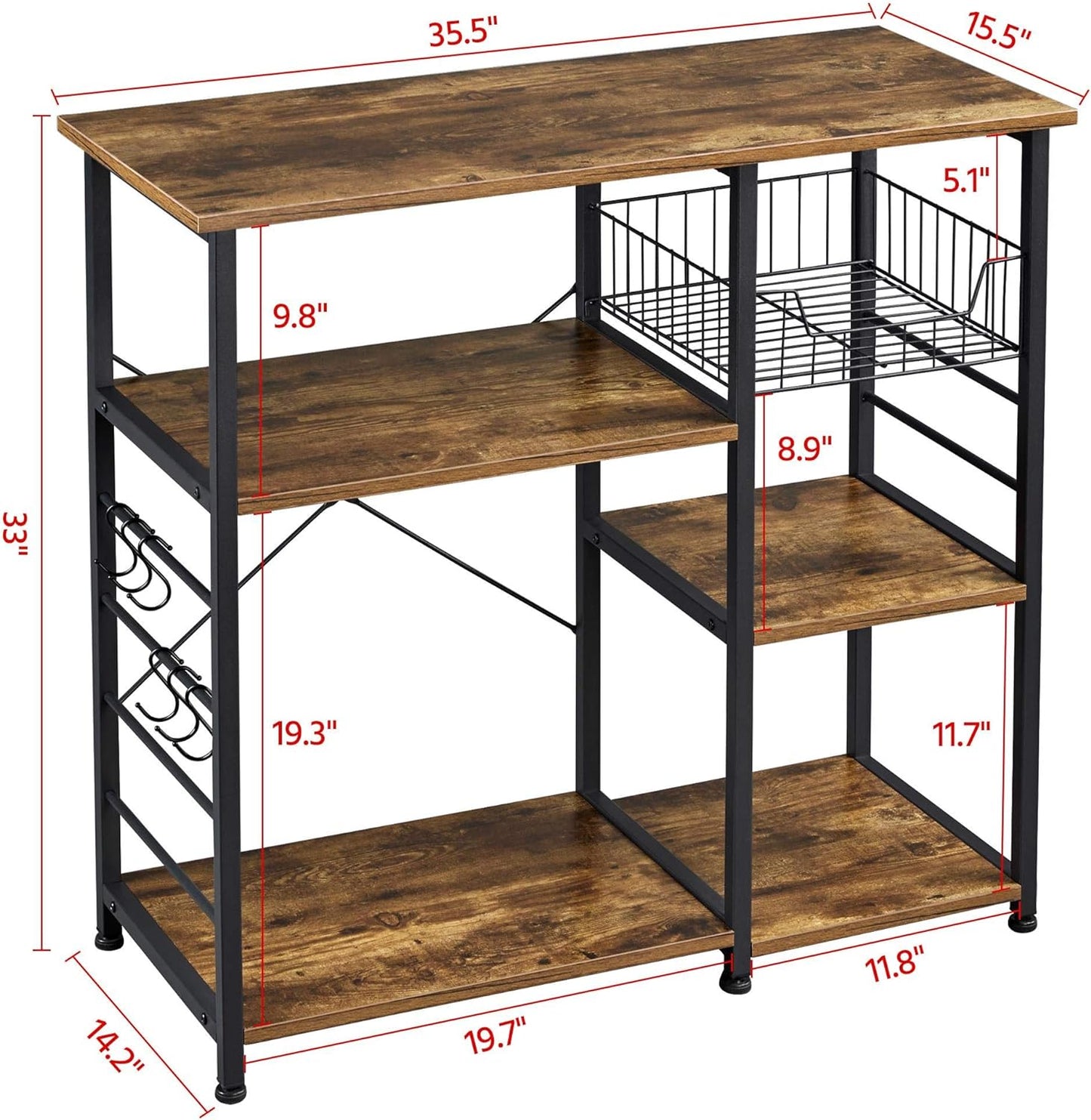 Yaheetech 4-Tier Bakers Rack,Microwave Stand for Coffee Bar,Rustic Brown | Metal Coffee Station, Kitchen Racks Shelf with Storage,Wire Basket, Hooks,Adjustable Feet for Kitchenette,Small Apartment