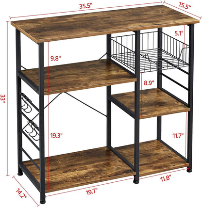 Yaheetech 4-Tier Bakers Rack,Microwave Stand for Coffee Bar,Rustic Brown | Metal Coffee Station, Kitchen Racks Shelf with Storage,Wire Basket, Hooks,Adjustable Feet for Kitchenette,Small Apartment