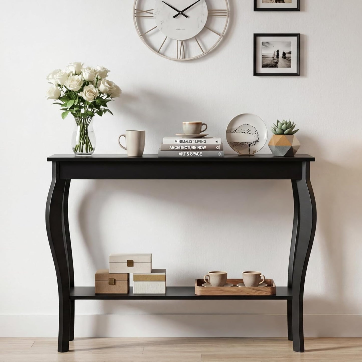 39" Narrow Entryway Table with Storage Shelf, Black | Console Table with Curved Legs, Chic Accent Sofa Table with Shelves for Entryway, Living Room, Hallway