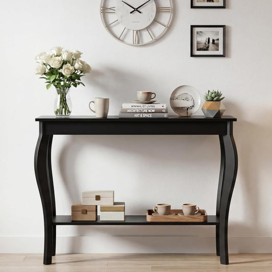 39" Narrow Entryway Table with Storage Shelf, Black | Console Table with Curved Legs, Chic Accent Sofa Table with Shelves for Entryway, Living Room, Hallway