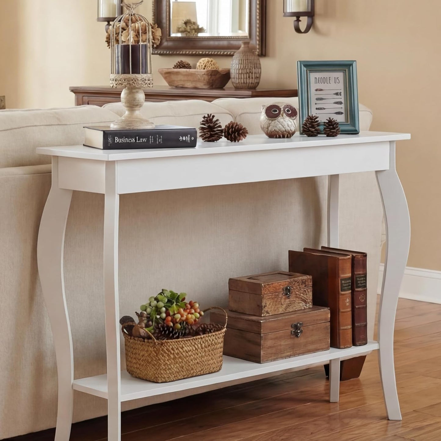 39" Narrow Entryway Table with Storage Shelf, White | Console Table with Curved Legs, Chic Accent Sofa Table with Shelves for Entryway, Living Room, Hallway