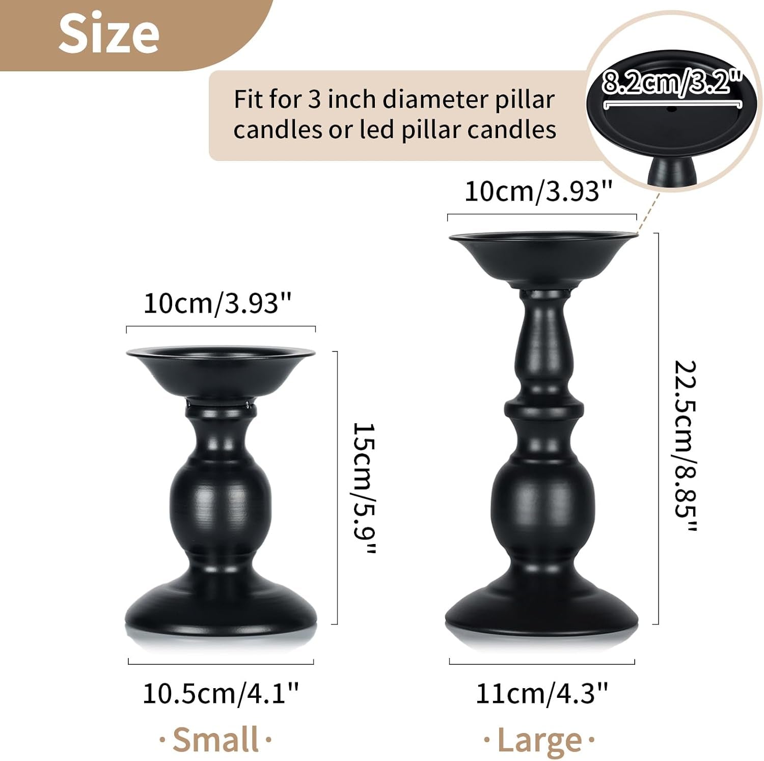 Black Candle Holder for Pillars: Rustic Metal Candle Stands Set | Tall Retro Farmhouse Candleholder 2 Pcs (S + L) for Halloween Fall Easter Fireplace Home Table Centerpiece