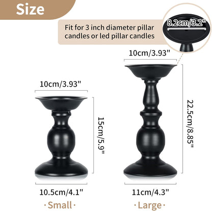 Black Candle Holder for Pillars: Rustic Metal Candle Stands Set | Tall Retro Farmhouse Candleholder 2 Pcs (S + L) for Halloween Fall Easter Fireplace Home Table Centerpiece