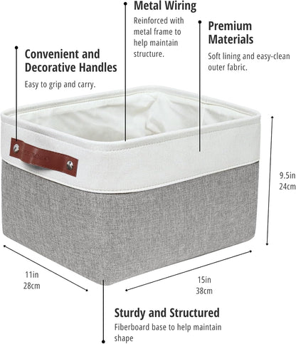 Storage Bins, Large Fabric Storage Baskets for Shelves 4 Pack | 15 X 11 X 9.5 Inches Decorative Linen Closet Organizers (Grey & White)