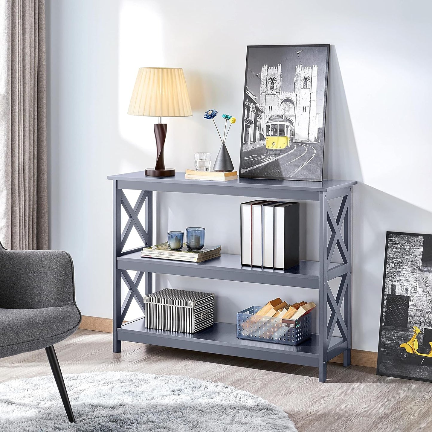 Yaheetech 42"L Console Table 3-Tier Narrow X-Frame Open Storage Shelf, Gray | Sofa Table for Entryway, Hallway and Living Room, Slim 14" Depth, Powder-Coated MDF, 88 Lb Top Load, Easy Assembly