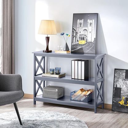 Yaheetech 42"L Console Table 3-Tier Narrow X-Frame Open Storage Shelf, Gray | Sofa Table for Entryway, Hallway and Living Room, Slim 14" Depth, Powder-Coated MDF, 88 Lb Top Load, Easy Assembly