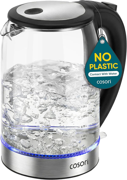 Electric Kettle, No Plastic Contact with Water, 1.7L, Black | Wide Opening, Easy to Clean, Auto Shut-Off, Boil-Dry Protection, Tea Kettle, Hot Water Boiler, Borosilicate Glass, 1500W