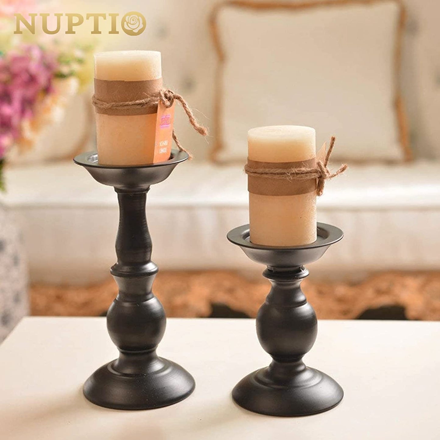 Black Candle Holder for Pillars: Rustic Metal Candle Stands Set | Tall Retro Farmhouse Candleholder 2 Pcs (S + L) for Halloween Fall Easter Fireplace Home Table Centerpiece