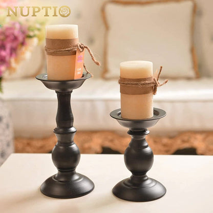 Black Candle Holder for Pillars: Rustic Metal Candle Stands Set | Tall Retro Farmhouse Candleholder 2 Pcs (S + L) for Halloween Fall Easter Fireplace Home Table Centerpiece