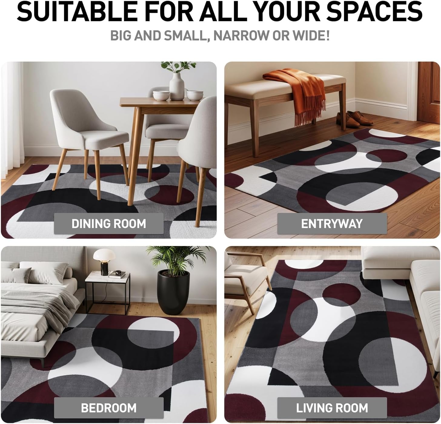 Circles Modern Soft Living Room Runner Rug Burgundy 2' X 7'2" | Rectangular, Size 2' X 7'2", Bedroom, Dining Room, Home Office, Kitchen, Entryway, Hallway, Nursery, Kids Room, Guest Room