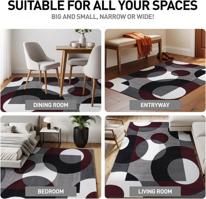 Circles Modern Soft Living Room Runner Rug Burgundy 2' X 7'2" | Rectangular, Size 2' X 7'2", Bedroom, Dining Room, Home Office, Kitchen, Entryway, Hallway, Nursery, Kids Room, Guest Room