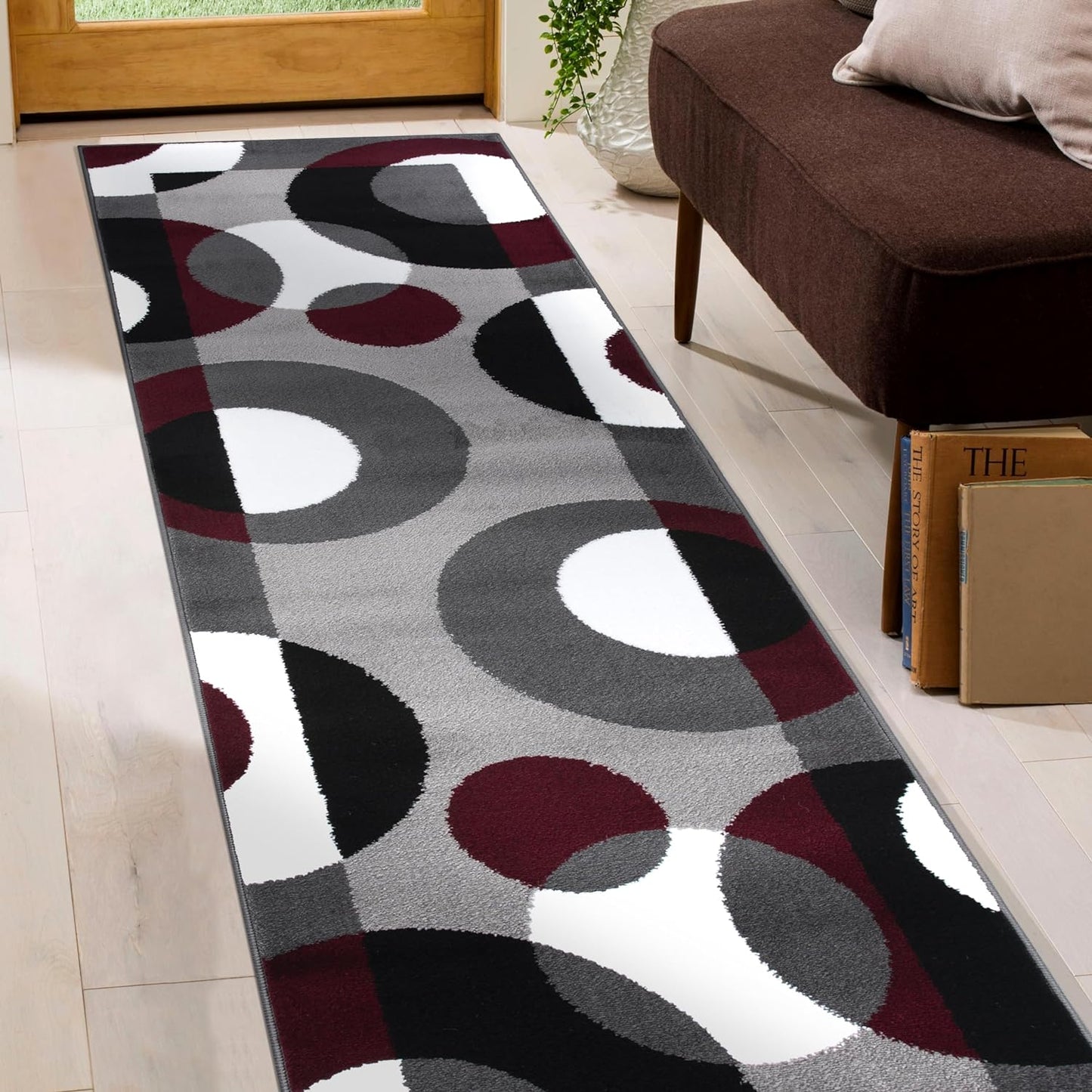 Circles Modern Soft Living Room Runner Rug Burgundy 2' X 7'2" | Rectangular, Size 2' X 7'2", Bedroom, Dining Room, Home Office, Kitchen, Entryway, Hallway, Nursery, Kids Room, Guest Room