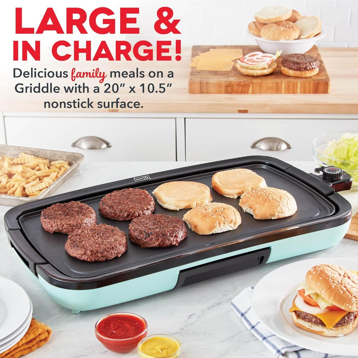 Deluxe Everyday Electric Griddle, Removable Nonstick Plate, Aqua | Flat Top Grill with Drip Tray, Temperature Control, Large 20-Inch Cooking Surface for Pancakes, Eggs, Burgers, & Bacon