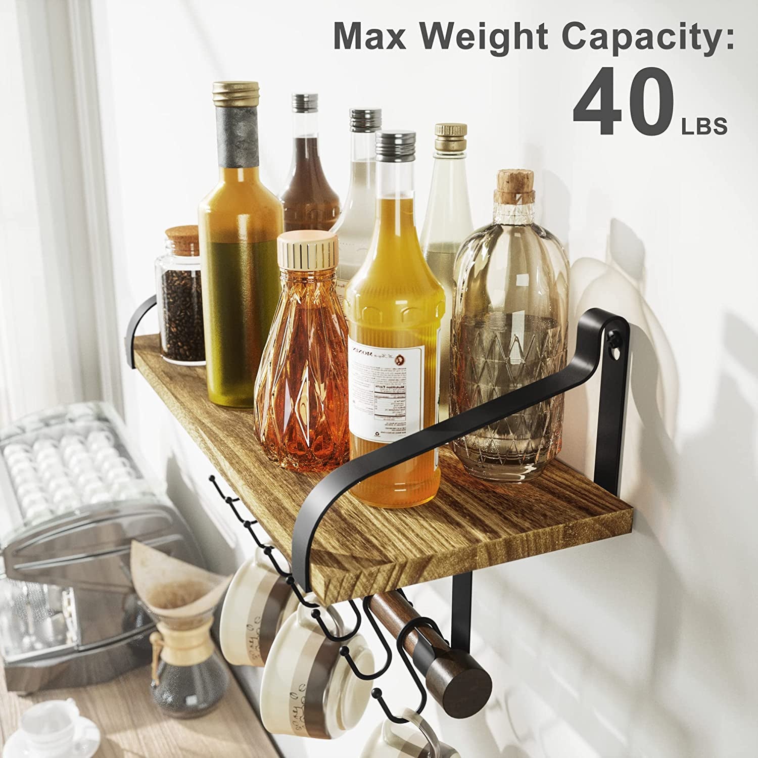 17.3"Floating Wall Shelf Solid Wood,Coffee Bar Carbonized Black | Spice Rack,Towel Bar/8 Hooks,40 Lbs/Shelf,Easy to Install,For Kitchen,Bathroom,Living Room,Bedroom,Office,Entryway Display