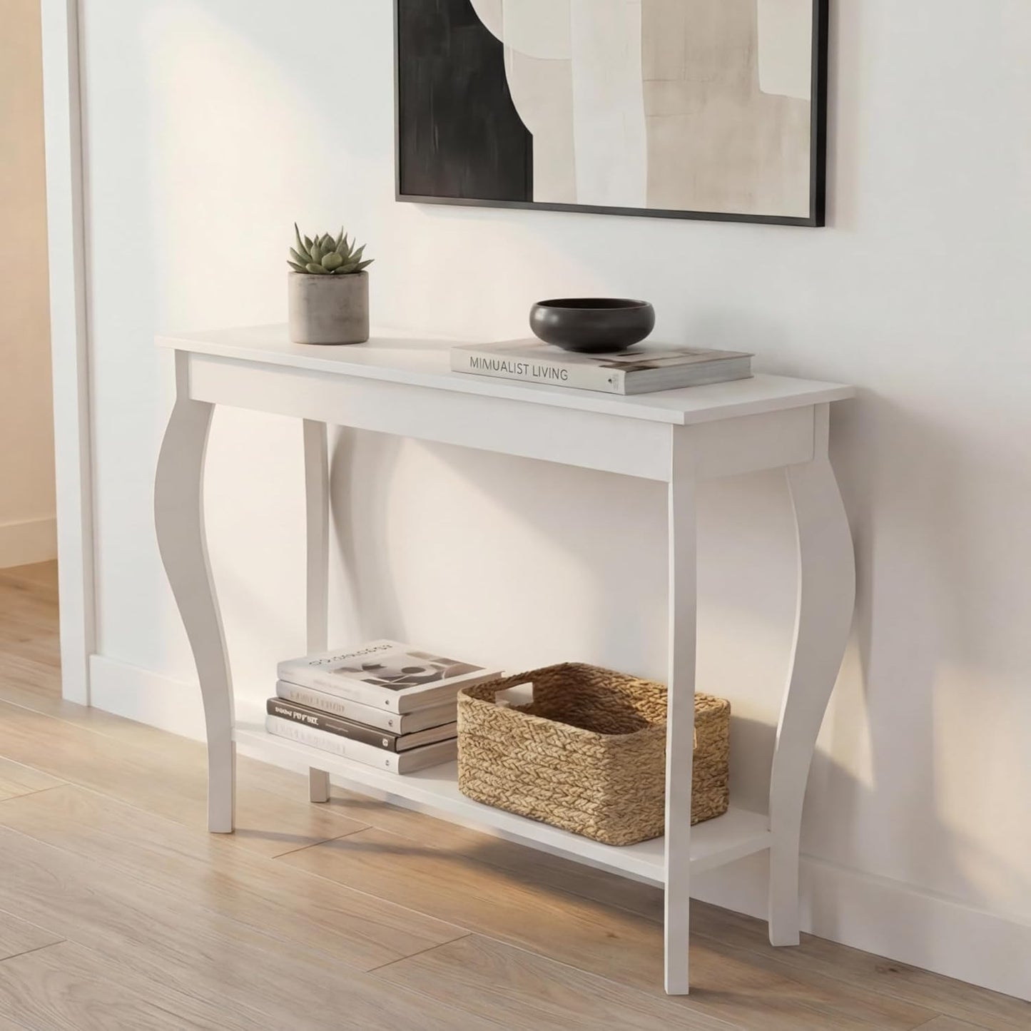 39" Narrow Entryway Table with Storage Shelf, White | Console Table with Curved Legs, Chic Accent Sofa Table with Shelves for Entryway, Living Room, Hallway