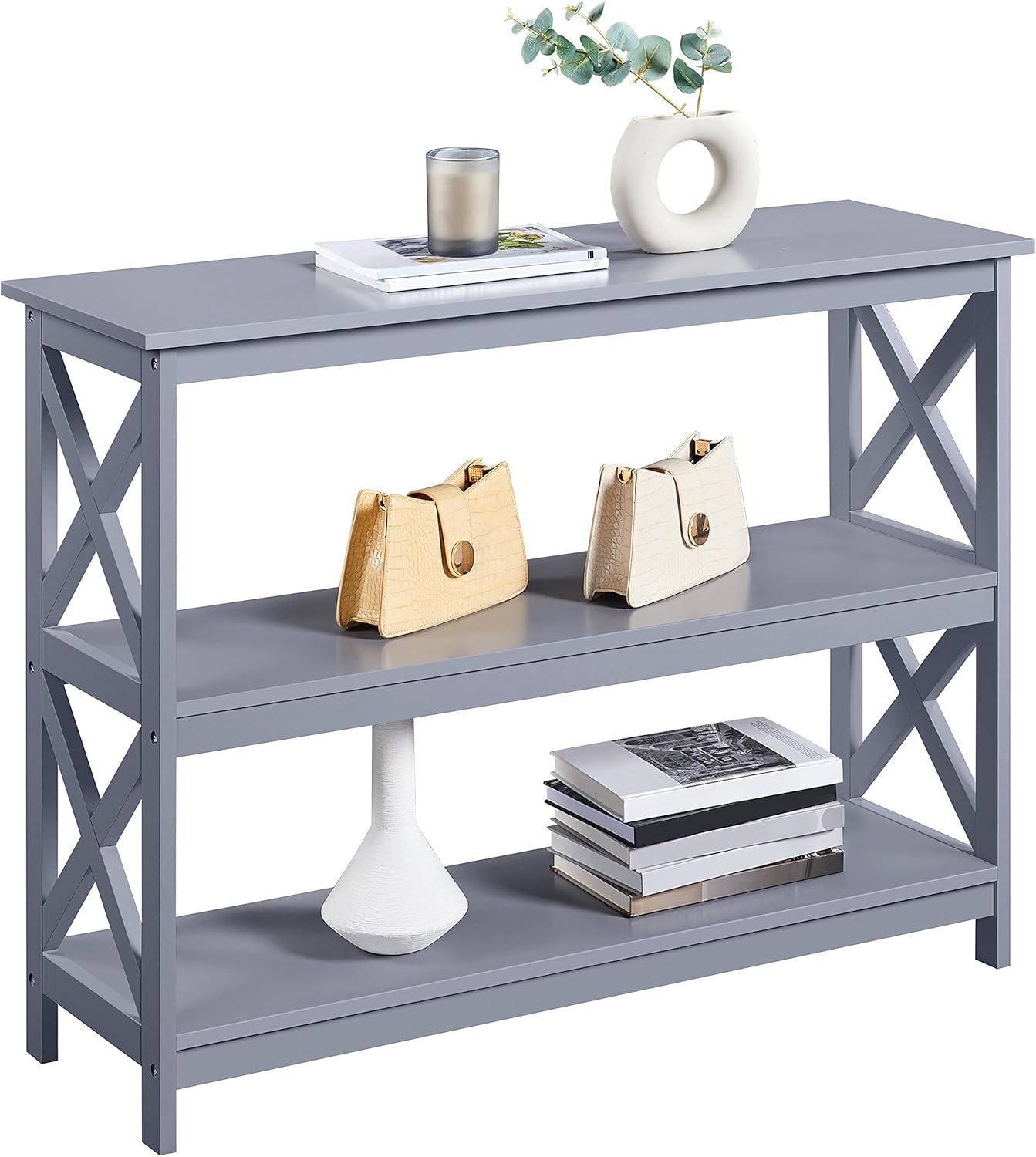 Yaheetech 42"L Console Table 3-Tier Narrow X-Frame Open Storage Shelf, Gray | Sofa Table for Entryway, Hallway and Living Room, Slim 14" Depth, Powder-Coated MDF, 88 Lb Top Load, Easy Assembly