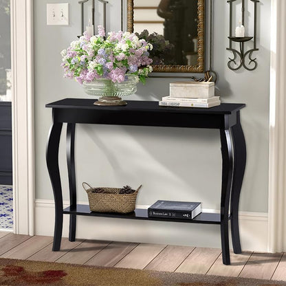 39" Narrow Entryway Table with Storage Shelf, Black | Console Table with Curved Legs, Chic Accent Sofa Table with Shelves for Entryway, Living Room, Hallway