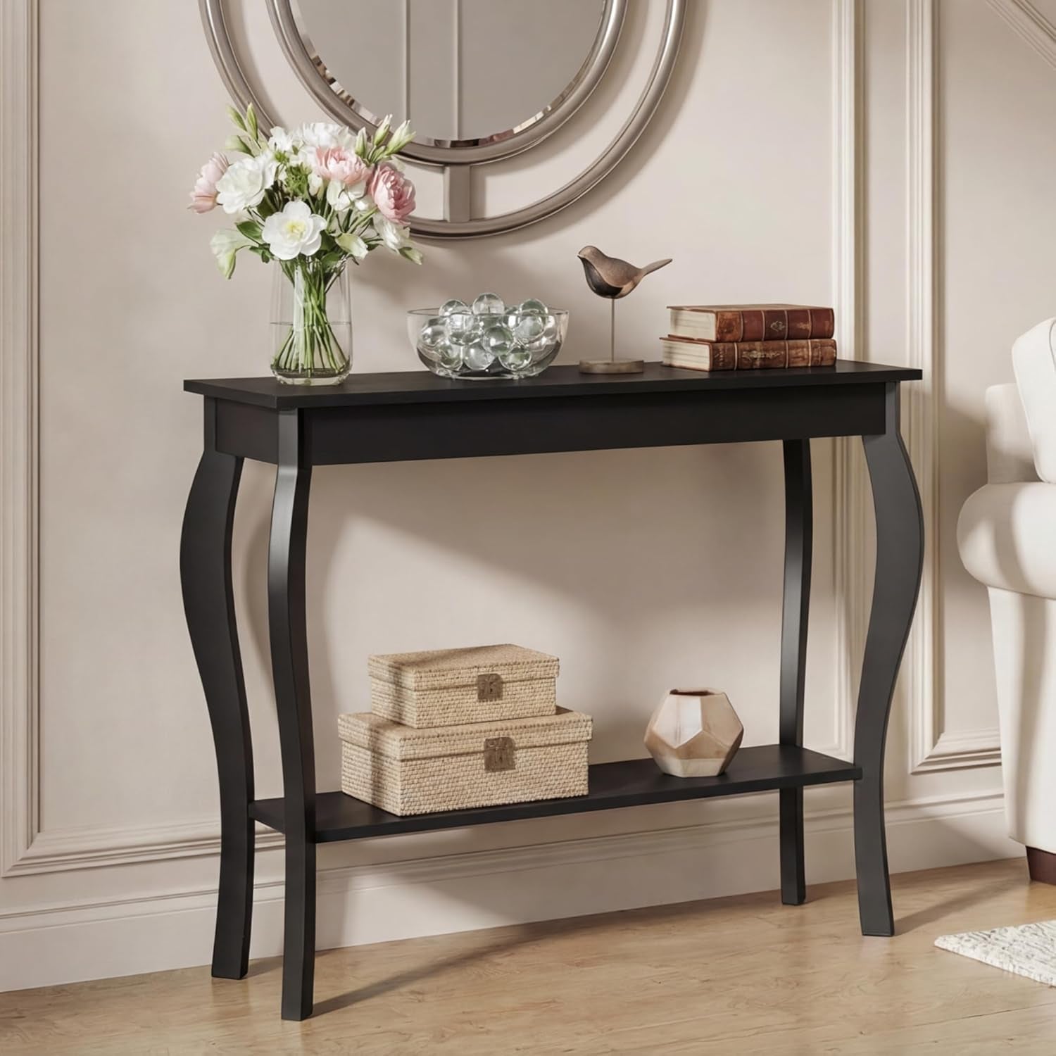 39" Narrow Entryway Table with Storage Shelf, Black | Console Table with Curved Legs, Chic Accent Sofa Table with Shelves for Entryway, Living Room, Hallway