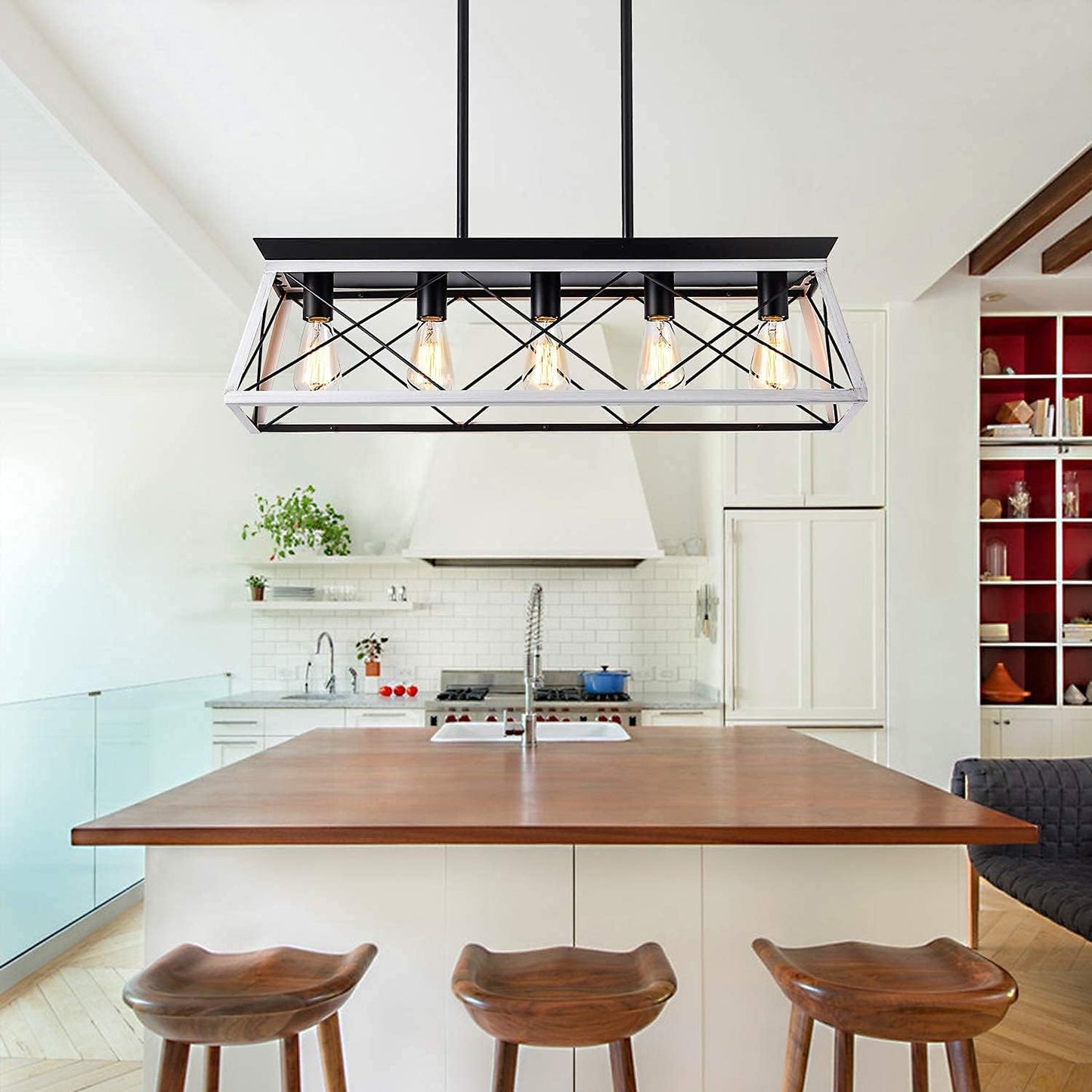 5-Light Pendant Lights Fixture, Farmhouse Chandeliers for Dining Room, Rustic Island Lights for Kitchen, Rectangular Chandelier Rustic Farmhouse Light Fxiture