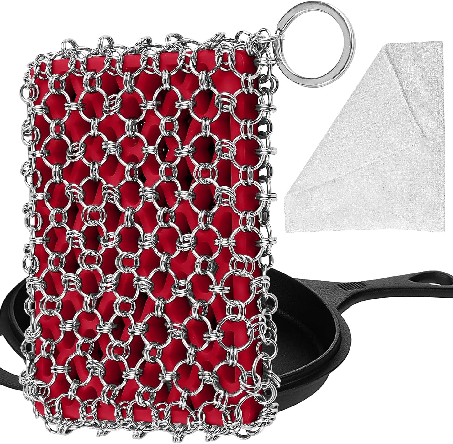 316L Cast Iron Scrubber Cleaner, Large Cast Iron Chain Mail Scrubber | Chainmail Scrubber for Cast Iron Cleaning, Skillet, Pan, Pot, Wok,Dutch Oven,Chainmail Scrubber Sponge Cleaning Kit-Red