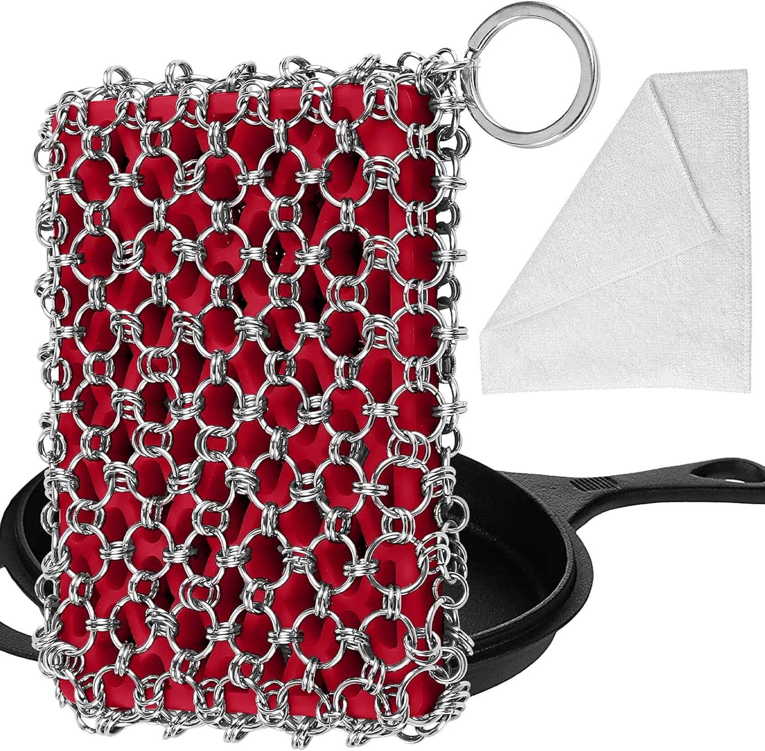 316L Cast Iron Scrubber Cleaner, Large Cast Iron Chain Mail Scrubber | Chainmail Scrubber for Cast Iron Cleaning, Skillet, Pan, Pot, Wok,Dutch Oven,Chainmail Scrubber Sponge Cleaning Kit-Red