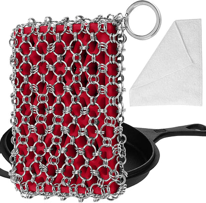 316L Cast Iron Scrubber Cleaner, Large Cast Iron Chain Mail Scrubber | Chainmail Scrubber for Cast Iron Cleaning, Skillet, Pan, Pot, Wok,Dutch Oven,Chainmail Scrubber Sponge Cleaning Kit-Red