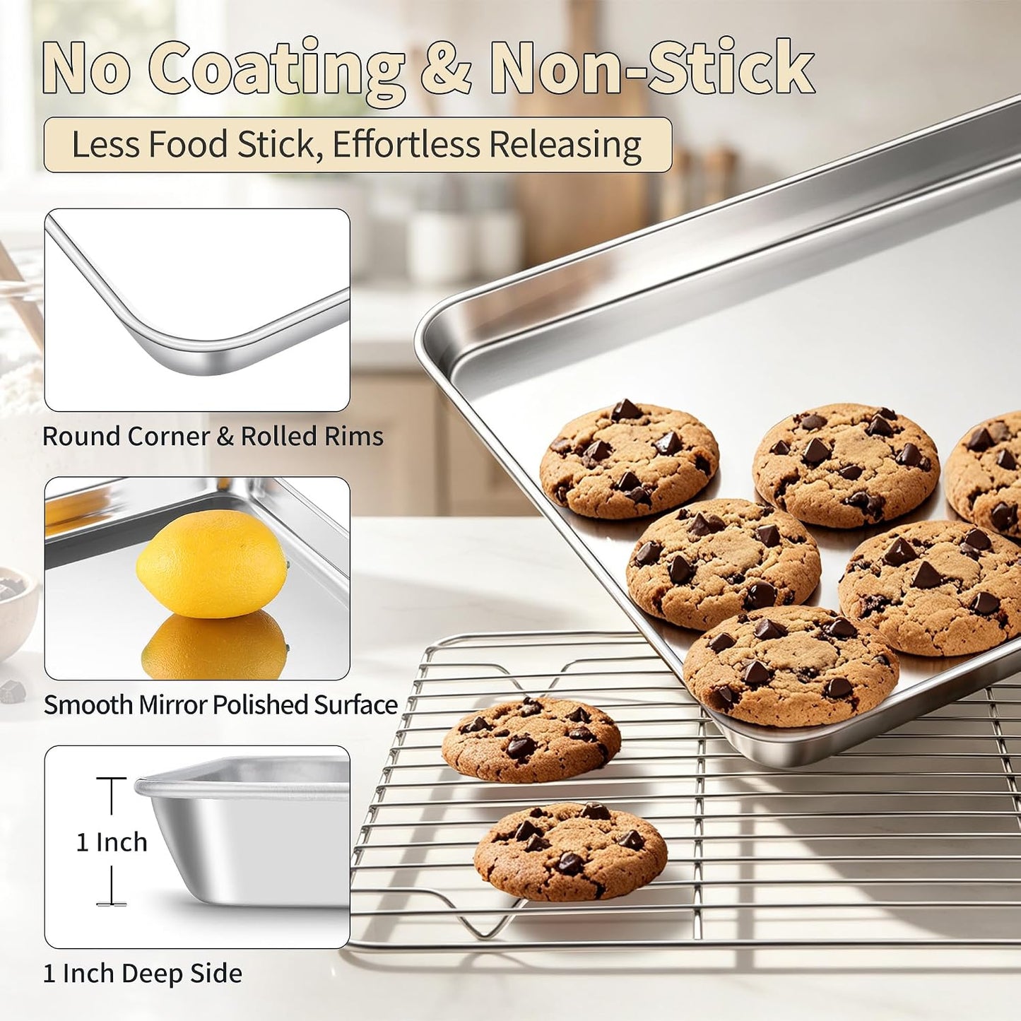 Stainless Steel Baking Sheet with Rack Set, 16"X12"X1" | 2 Pans + 2 Racks, Cookie Sheet Baking Pan Tray with Cooling Rack for Cooking, Non-Toxic & Rust Proof, Dishwasher Safe