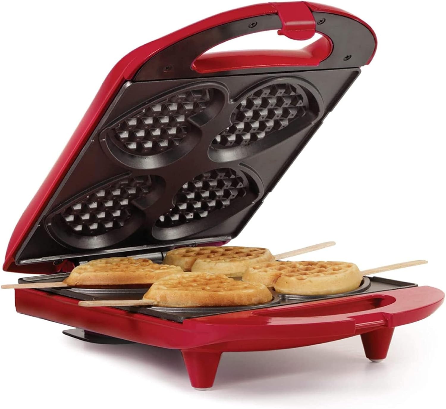 4-Section Heart Shaped Waffle Maker, Non-Stick Waffle Iron, Mini Waffle Maker for Kids, Non-Toxic Coating, Easy to Clean, Makes 4 Heart-Shaped Waffles in Minutes, Red