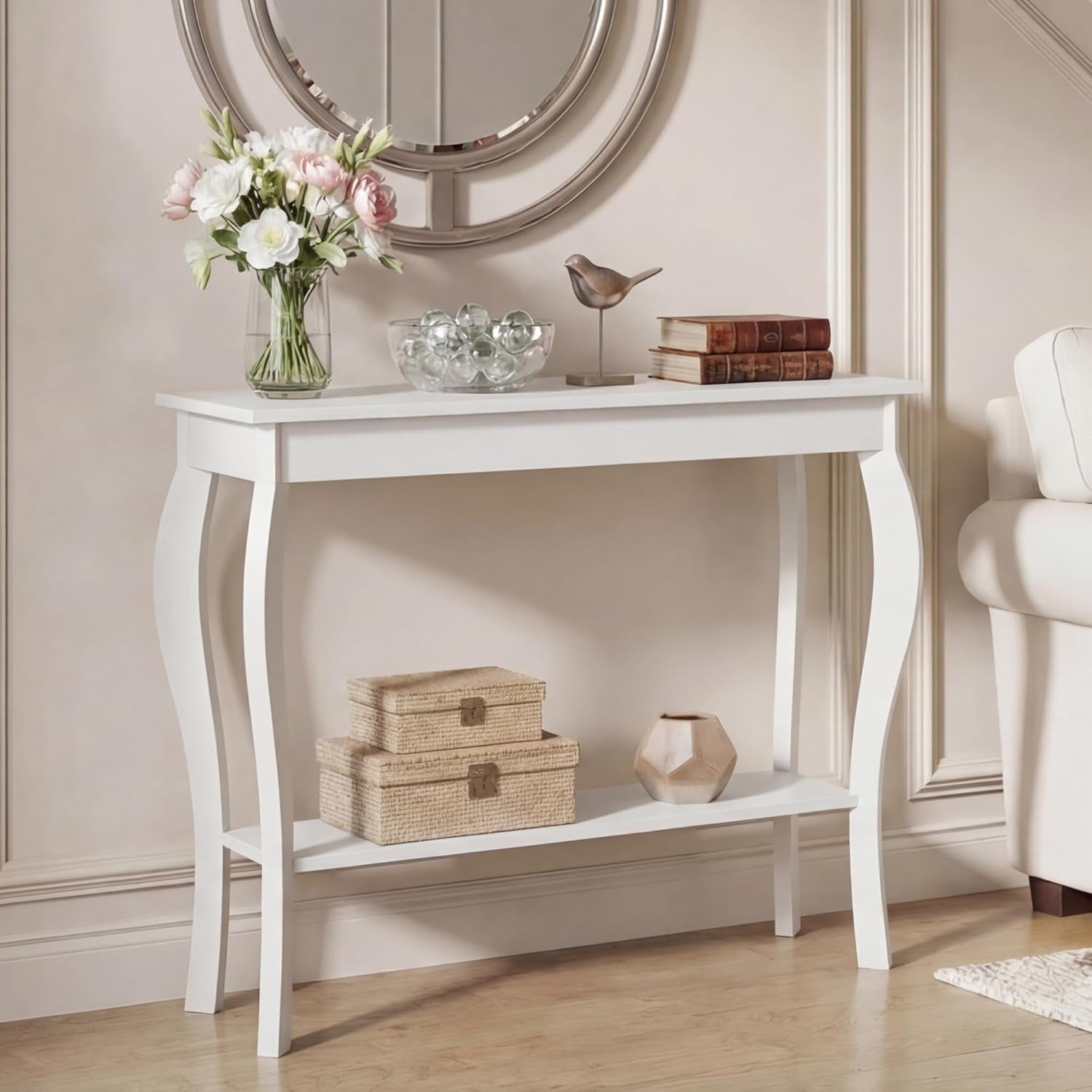 39" Narrow Entryway Table with Storage Shelf, White | Console Table with Curved Legs, Chic Accent Sofa Table with Shelves for Entryway, Living Room, Hallway
