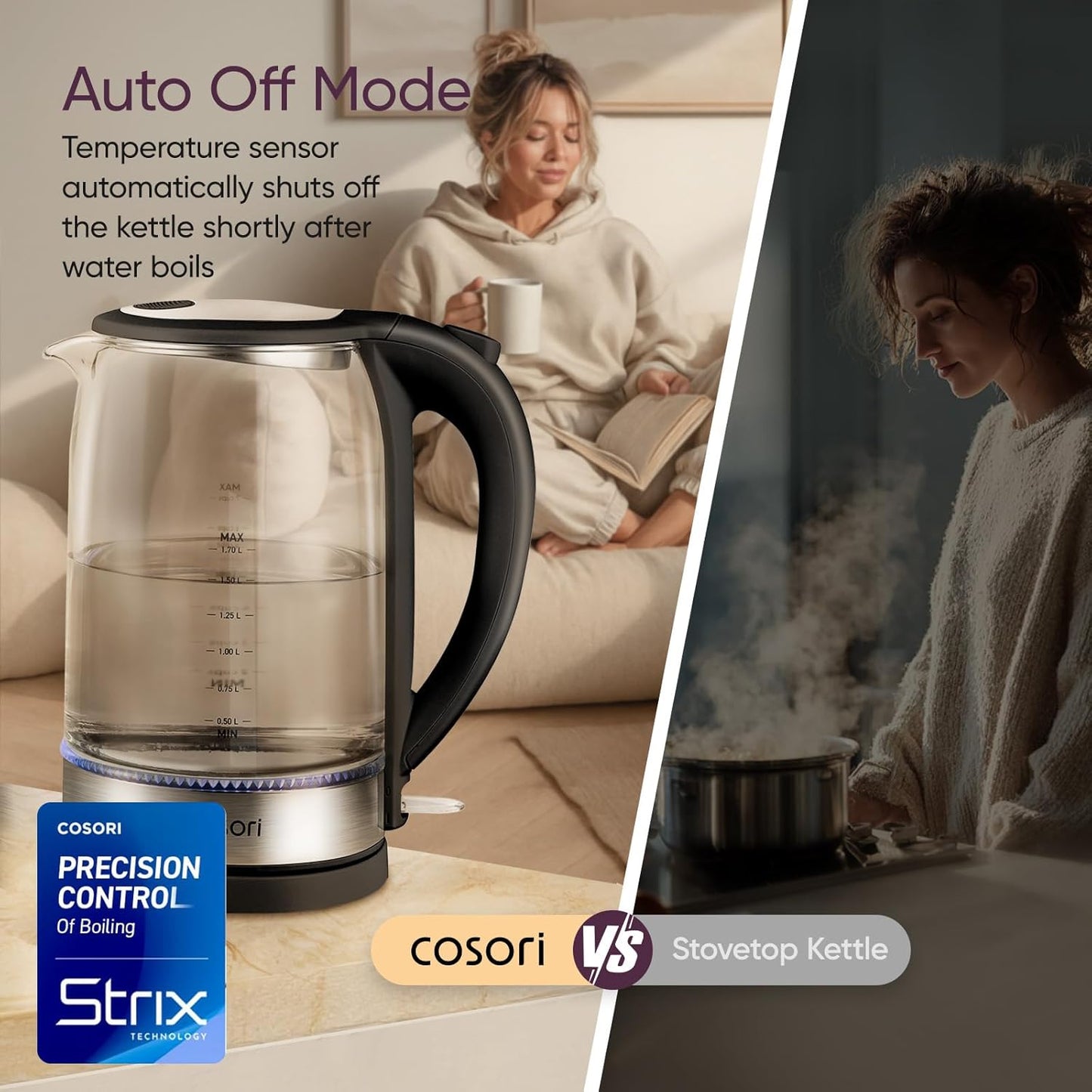 Electric Kettle, No Plastic Contact with Water, 1.7L, Black | Wide Opening, Easy to Clean, Auto Shut-Off, Boil-Dry Protection, Tea Kettle, Hot Water Boiler, Borosilicate Glass, 1500W