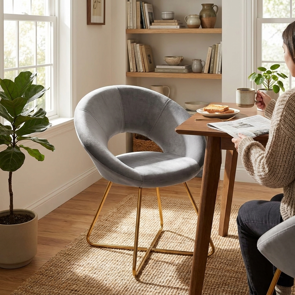 Mid-Century Velvet Accent Chair, Golden Frame, Grey