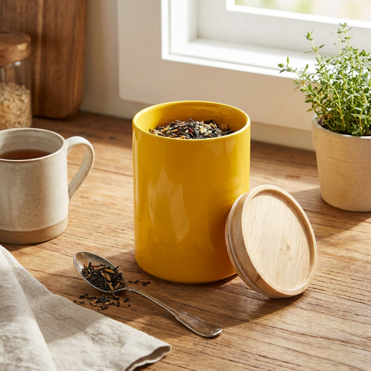 Ceramic Kitchen Canister, Stackable with Airtight Wooden Lid, Yellow