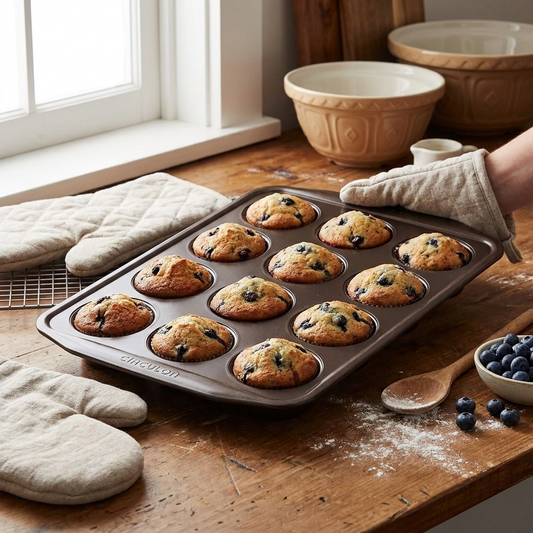 Nonstick 12-Cup Muffin Tin, Brown Steel