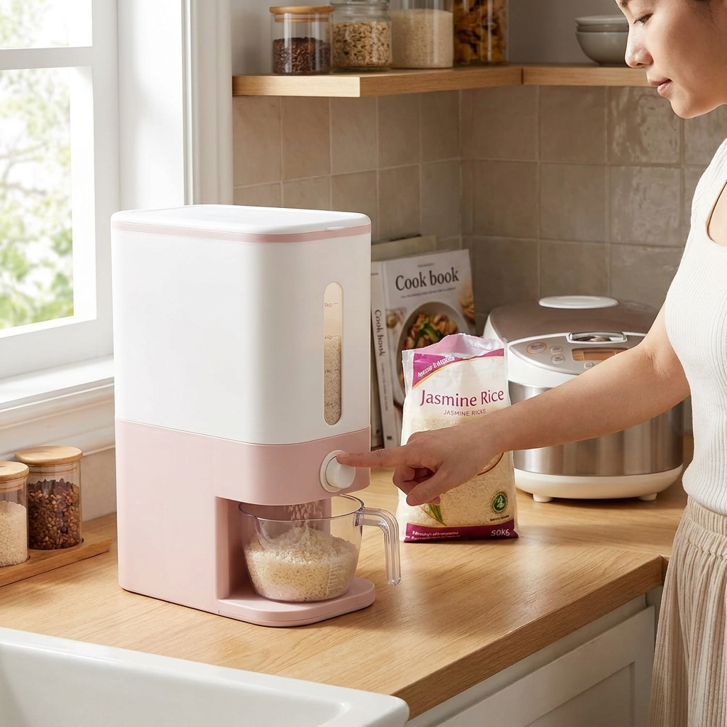 22.5-25 Lb Pink Rice Dispenser with Measuring Cup