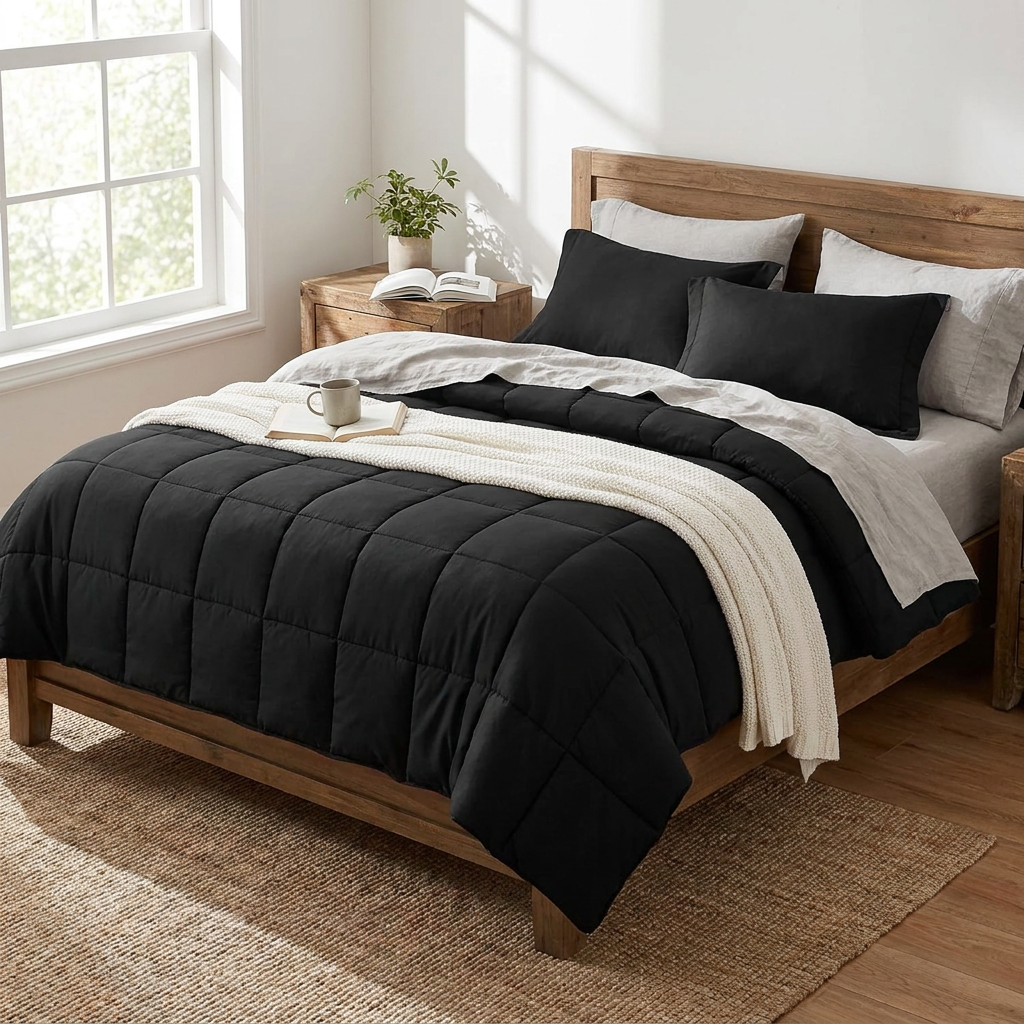 King Size 3-Piece Lightweight Comforter Set, Black/Light Grey