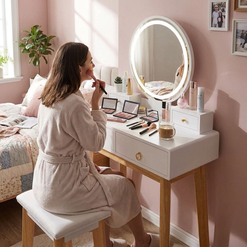 LED Vanity Desk with Mirror, Lights & Stool, White